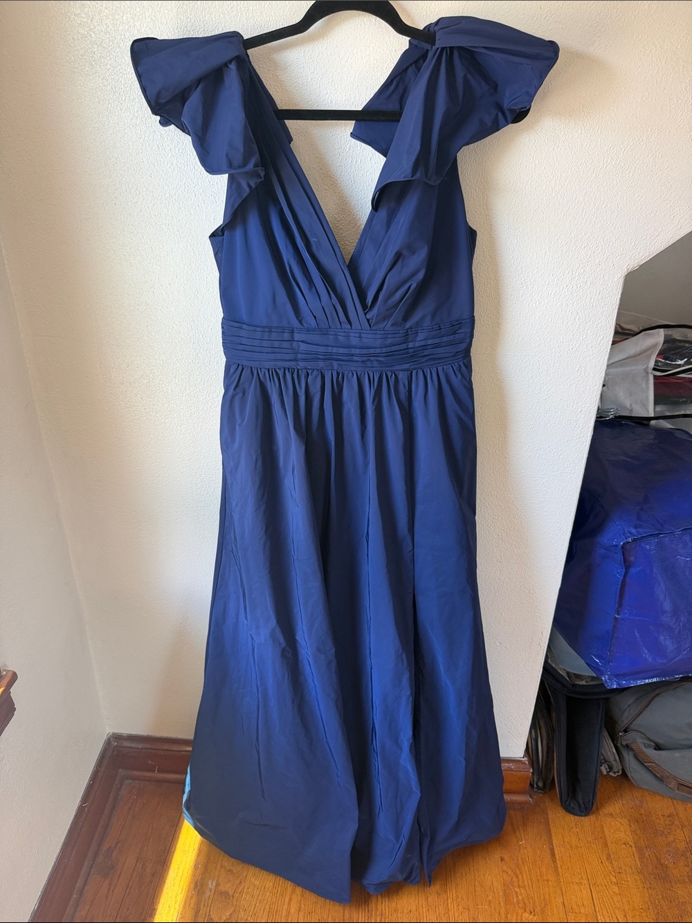 Marchesa Navy Blue V-Neck Ruffle Sleeve Evening Gown